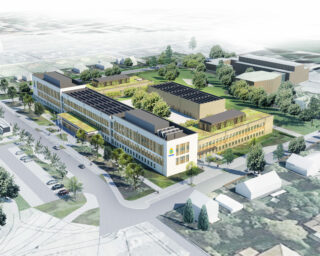 En illustration över hur polishuset i Borlänge kommer att se ut. Det är en stor byggnad i två våningar. Fasaderna är vita på vissa sidor och gula på andra.